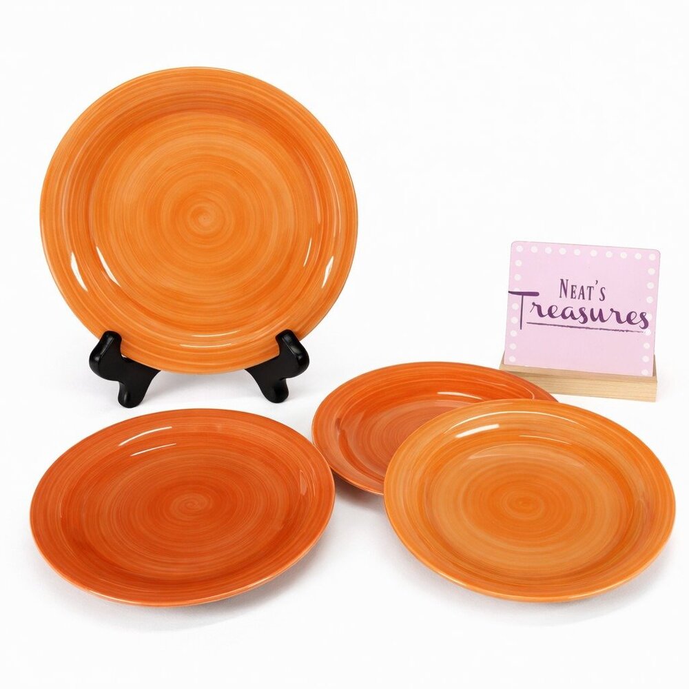 Citrus Grove SWIRL 2 Coral & 2 Orange Hand Paint Stoneware Salad Plate Set Of 4